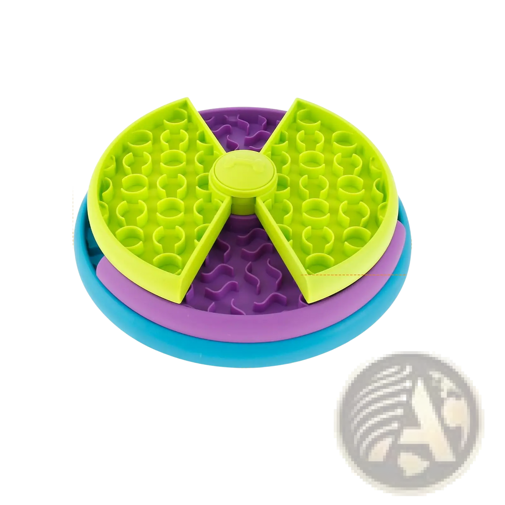Brightly colored lime green and purple multi-layered silicone slow feeder for dogs 3-in-1 puzzle and lick mat bowl