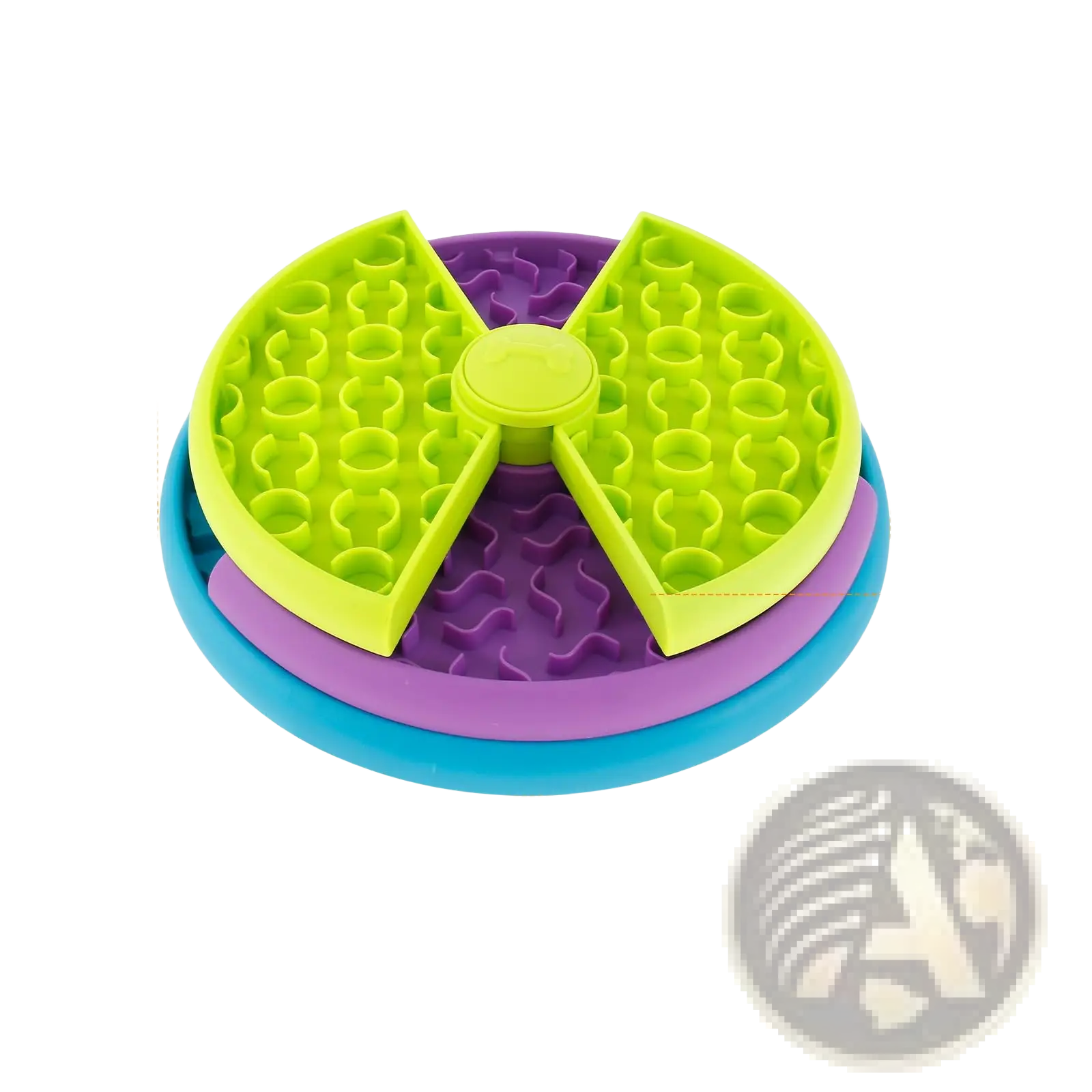 Brightly colored lime green and purple multi-layered silicone slow feeder for dogs 3-in-1 puzzle and lick mat bowl
