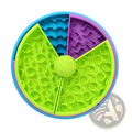 Brightly colored green blue and purple silicone 3-in-1 dog feeder puzzle slow feeder bowl with segmented compartments