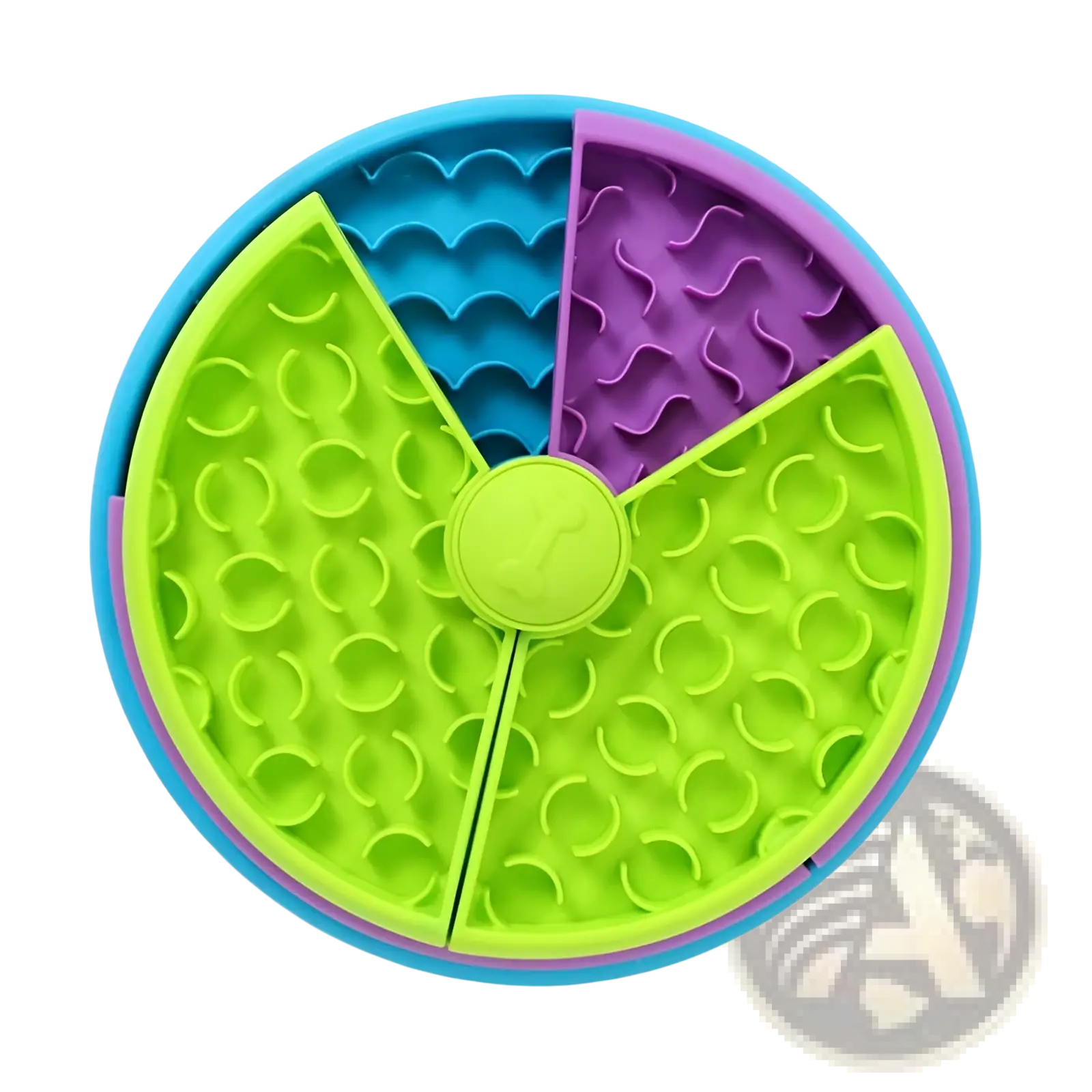 Brightly colored green blue and purple silicone 3-in-1 dog feeder puzzle slow feeder bowl with segmented compartments