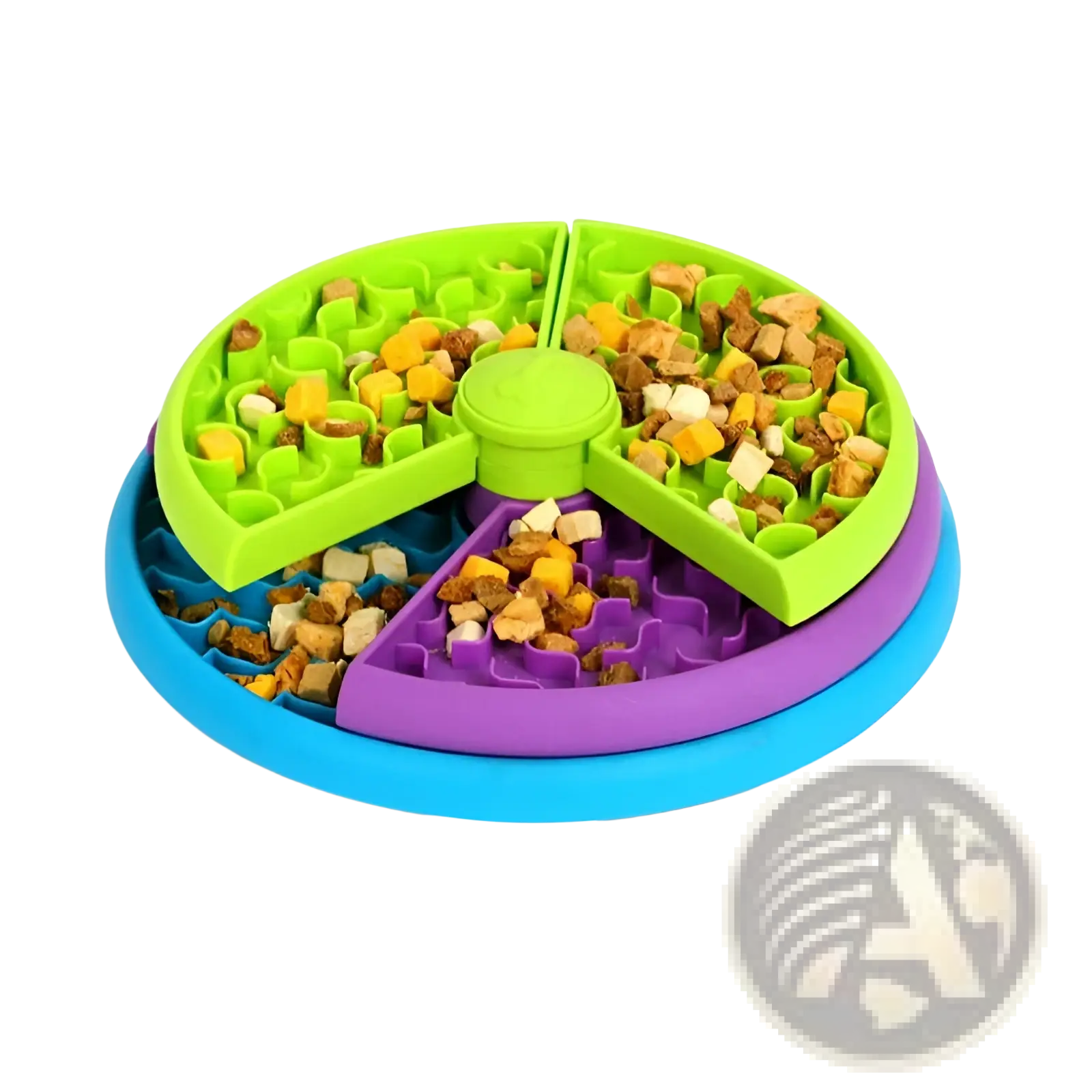 Brightly colored 3-in-1 dog feeder puzzle and lick mat made of silicone with green hub and lime green purple blue sections