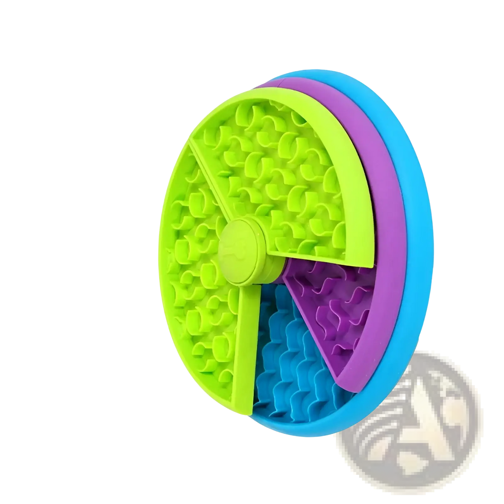Brightly colored lime green purple and blue silicone 3-in-1 dog feeder puzzle and lick mat slow feeder bowl