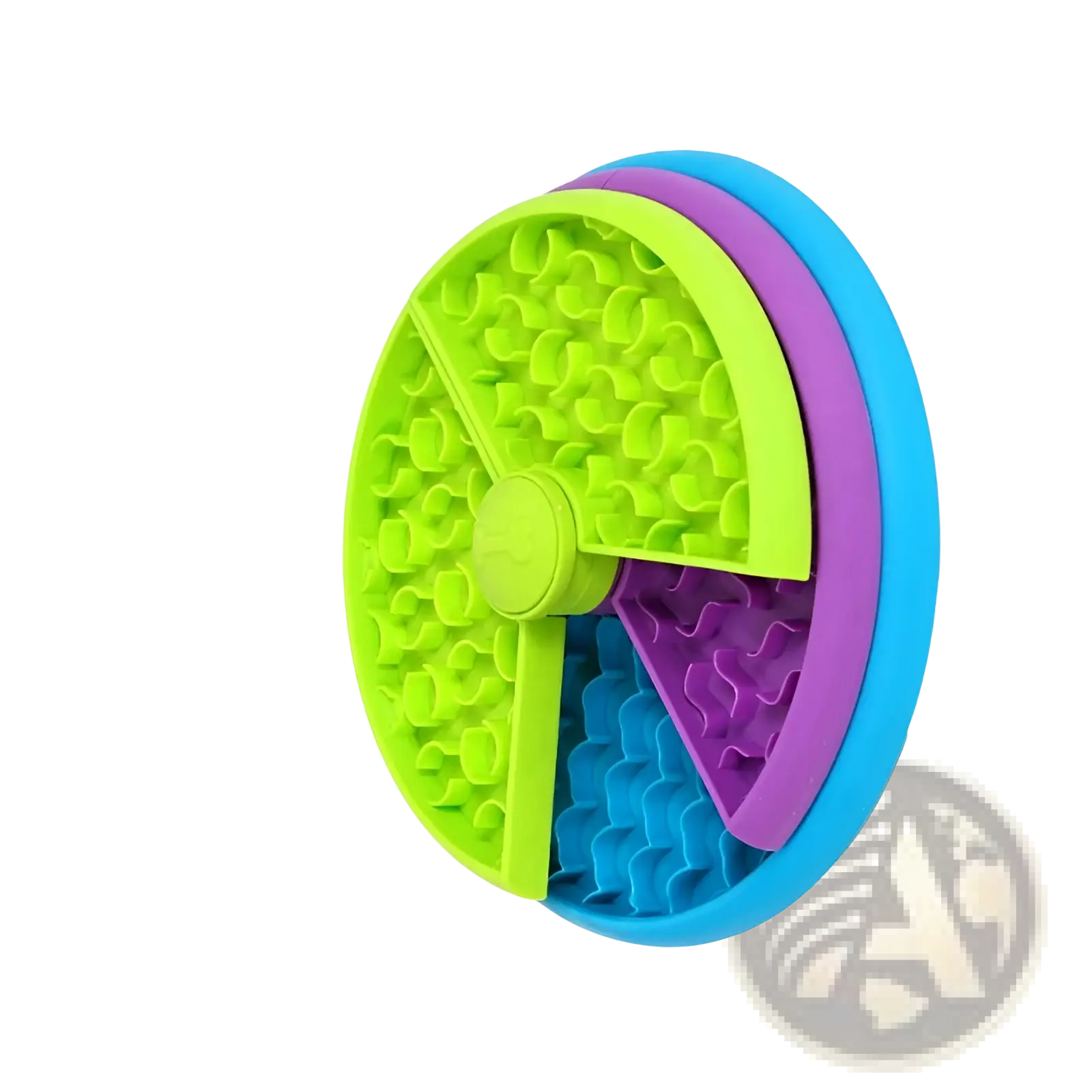Brightly colored lime green purple and blue silicone 3-in-1 dog feeder puzzle and lick mat slow feeder bowl