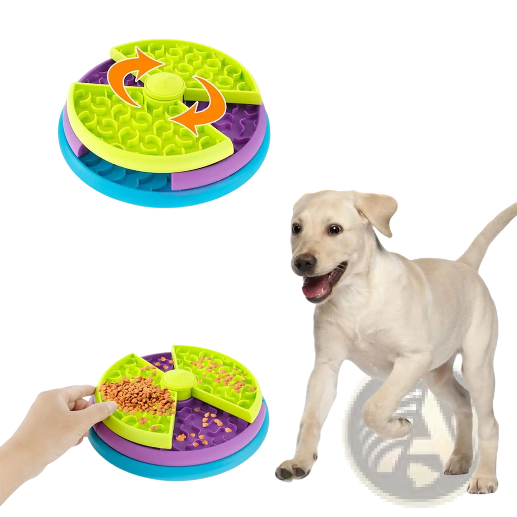 Multi-colored 3-in-1 dog feeder puzzle and lick mat slow feeder bowl with green top and purple middle tier