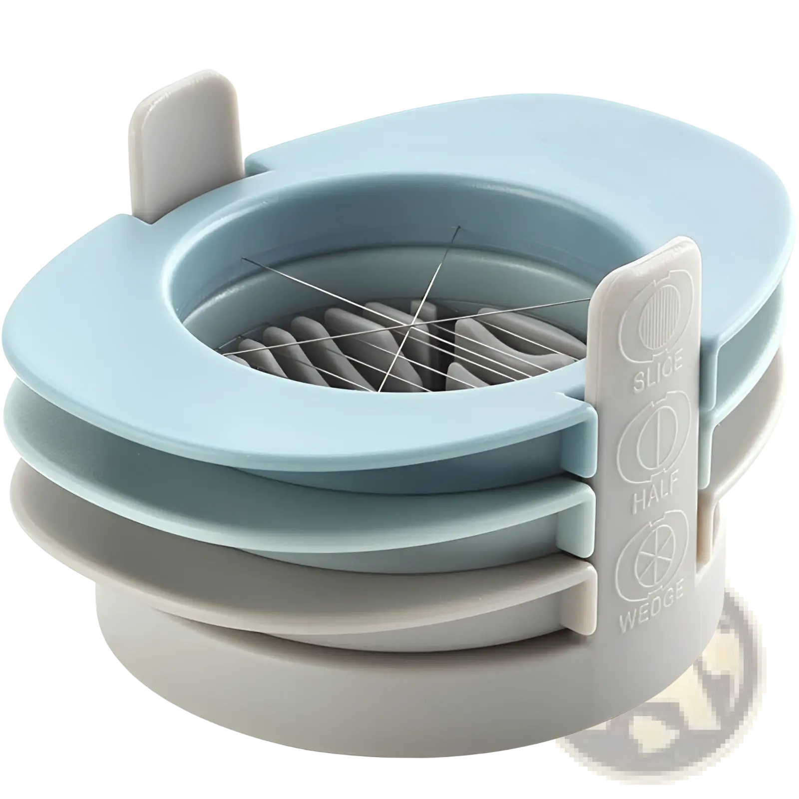 Light blue and gray plastic 3-in-1 egg slicer with rotating dial for slicing, halving, and wedge cutting