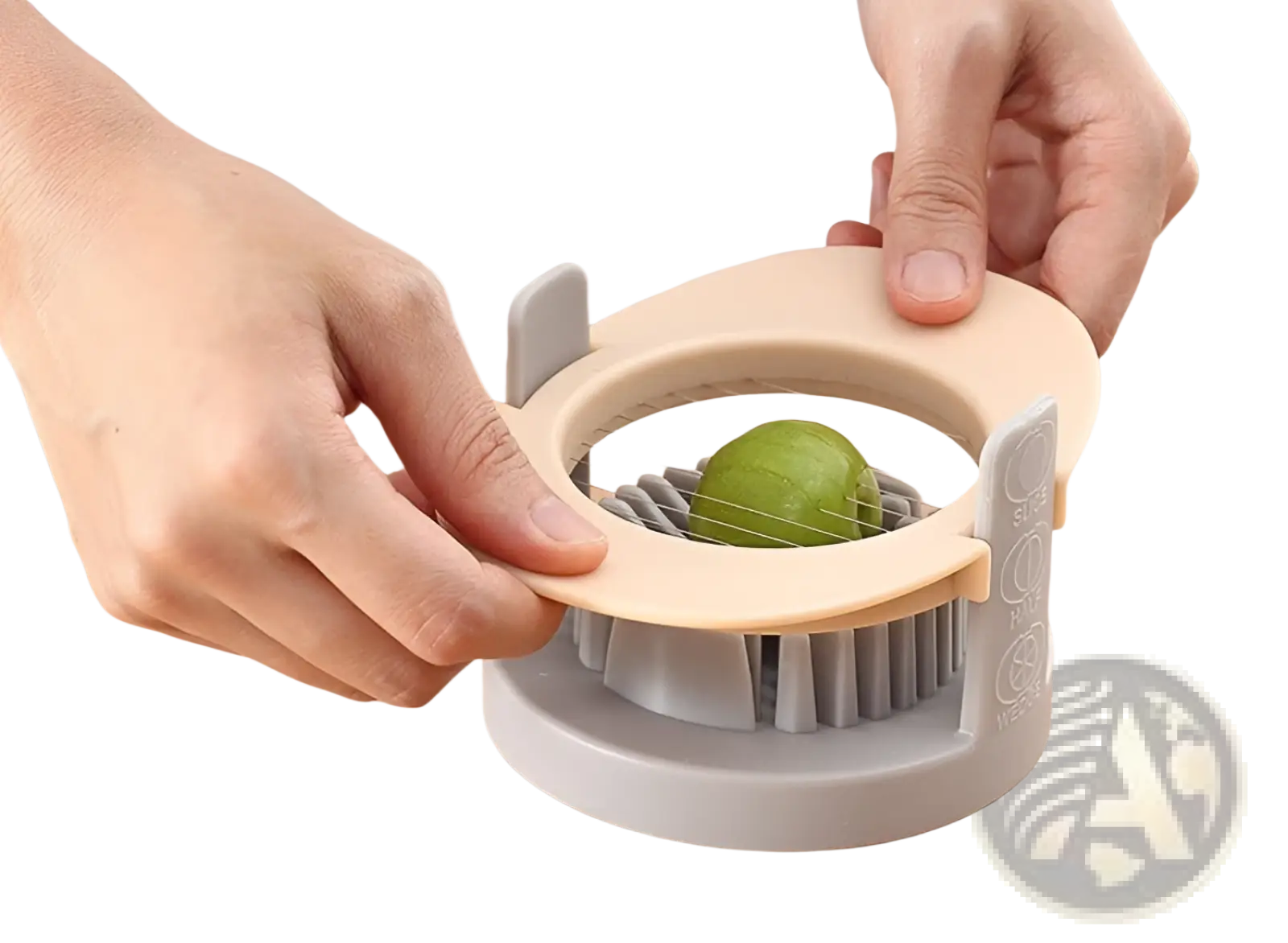 Beige and gray plastic 3-in-1 egg slicer and manual onion cutter with fine metal blades for even fruit slicing
