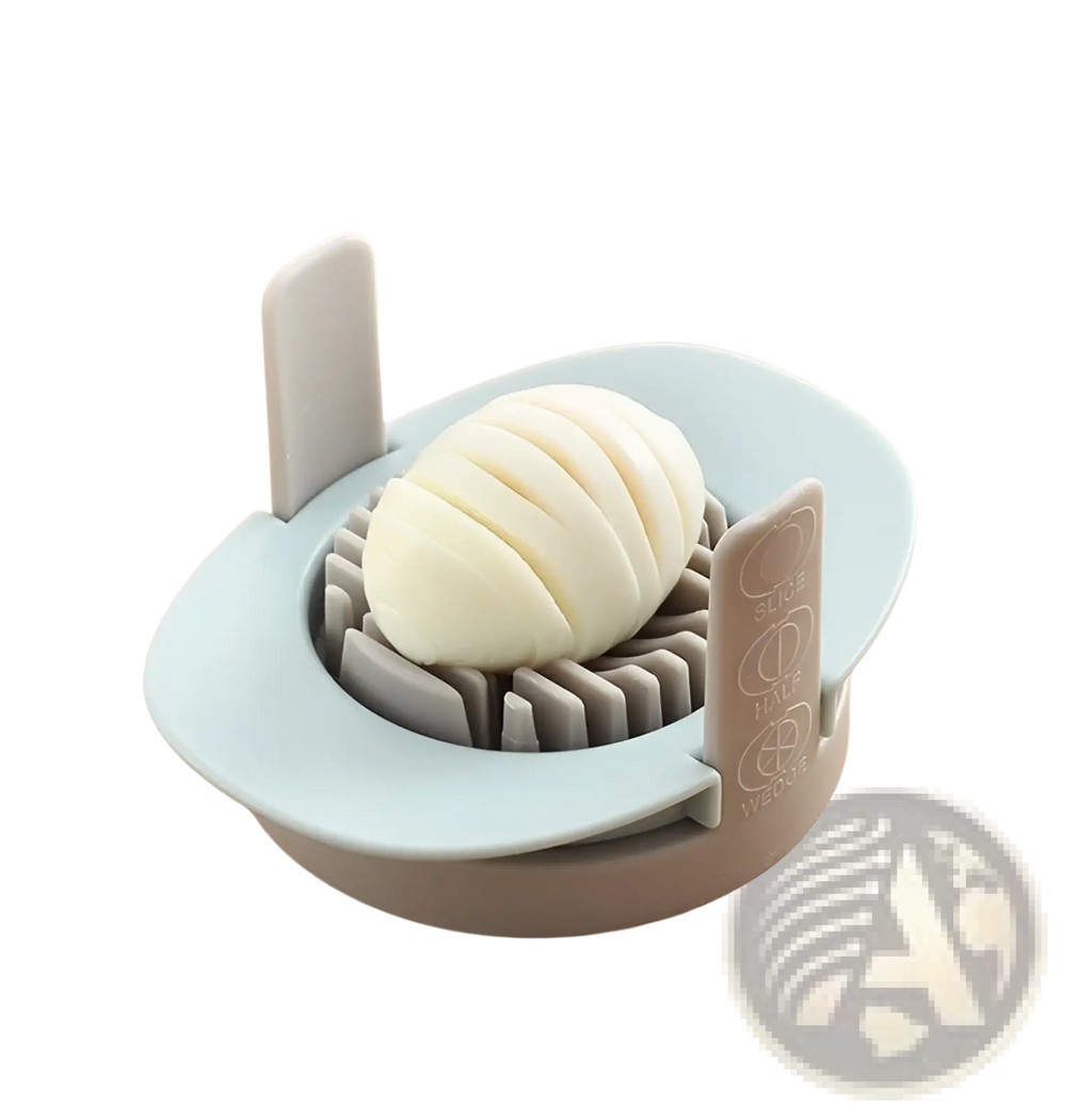Light blue and gray plastic 3-in-1 egg slicer and manual onion cutter tool with scored hard-boiled egg inside