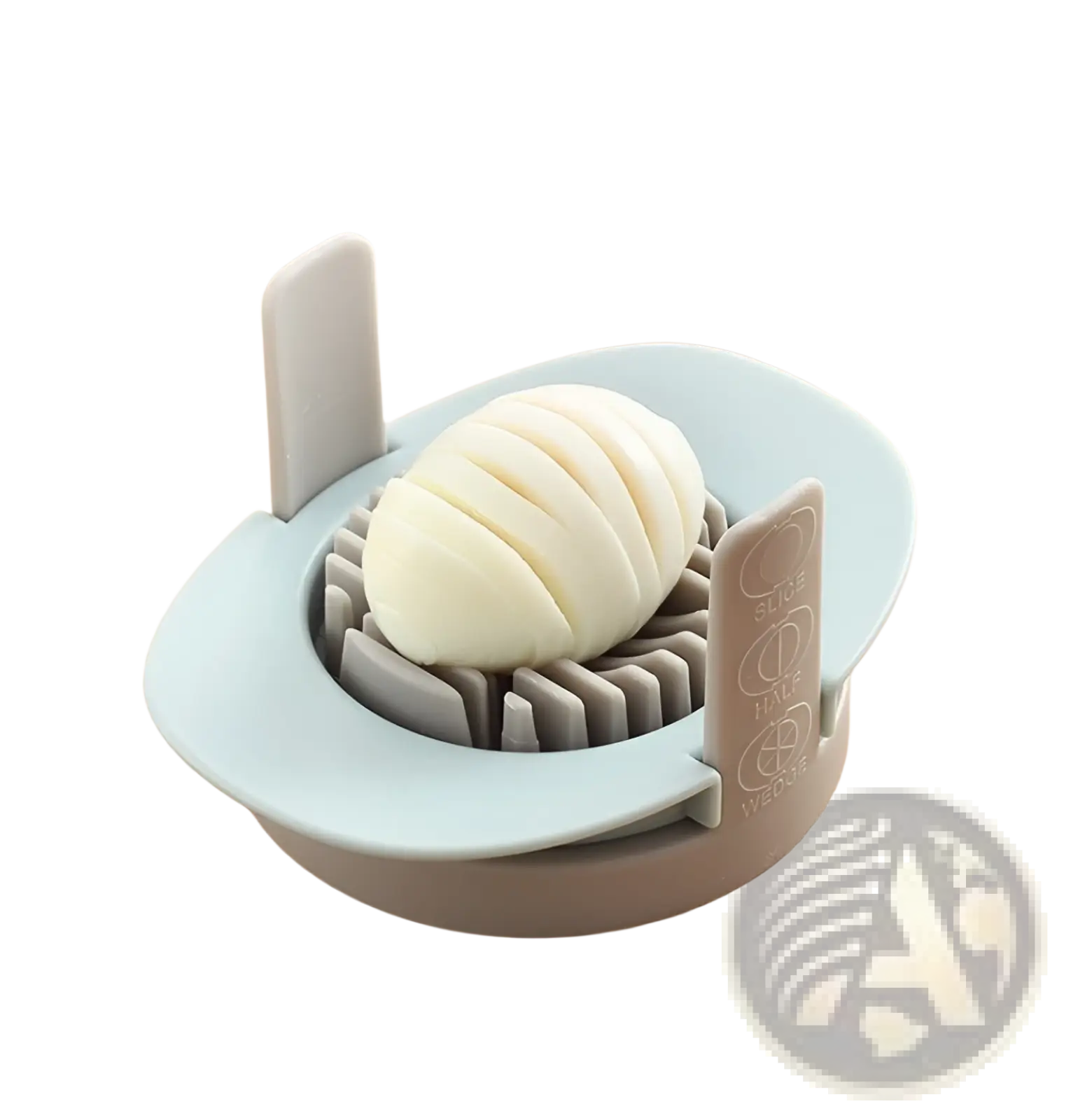 Light blue and gray plastic 3-in-1 egg slicer and manual onion cutter tool with scored hard-boiled egg inside