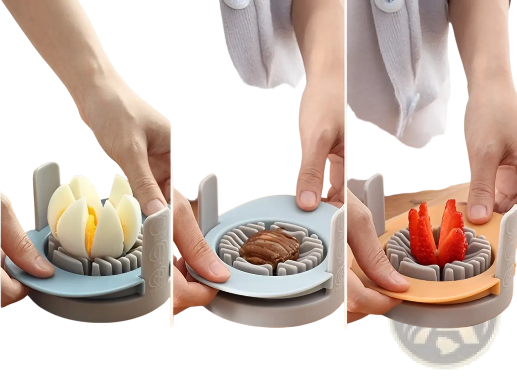 Light blue and gray plastic 3-in-1 egg slicer and manual onion cutter with circular base and adjustable slots