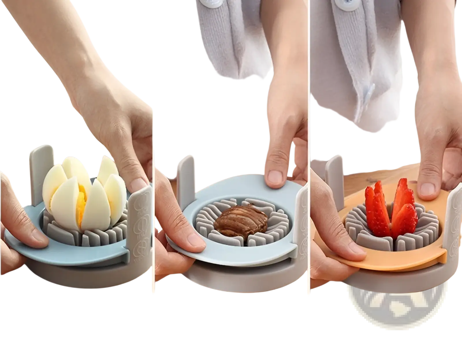 Light blue and gray plastic 3-in-1 egg slicer and manual onion cutter with circular base and adjustable slots