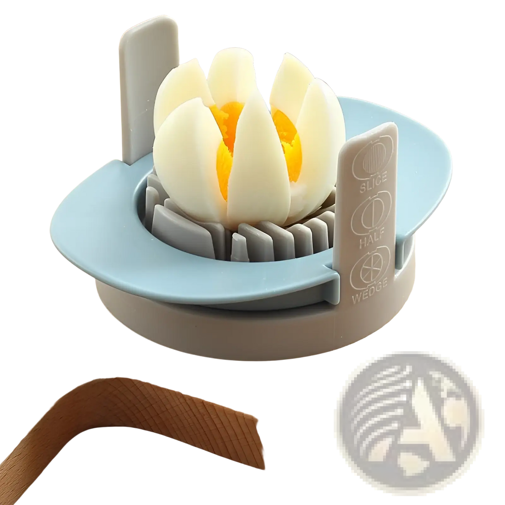 Light blue and gray plastic 3-in-1 egg slicer and manual onion cutter with adjustable settings for slicing halving and wedges