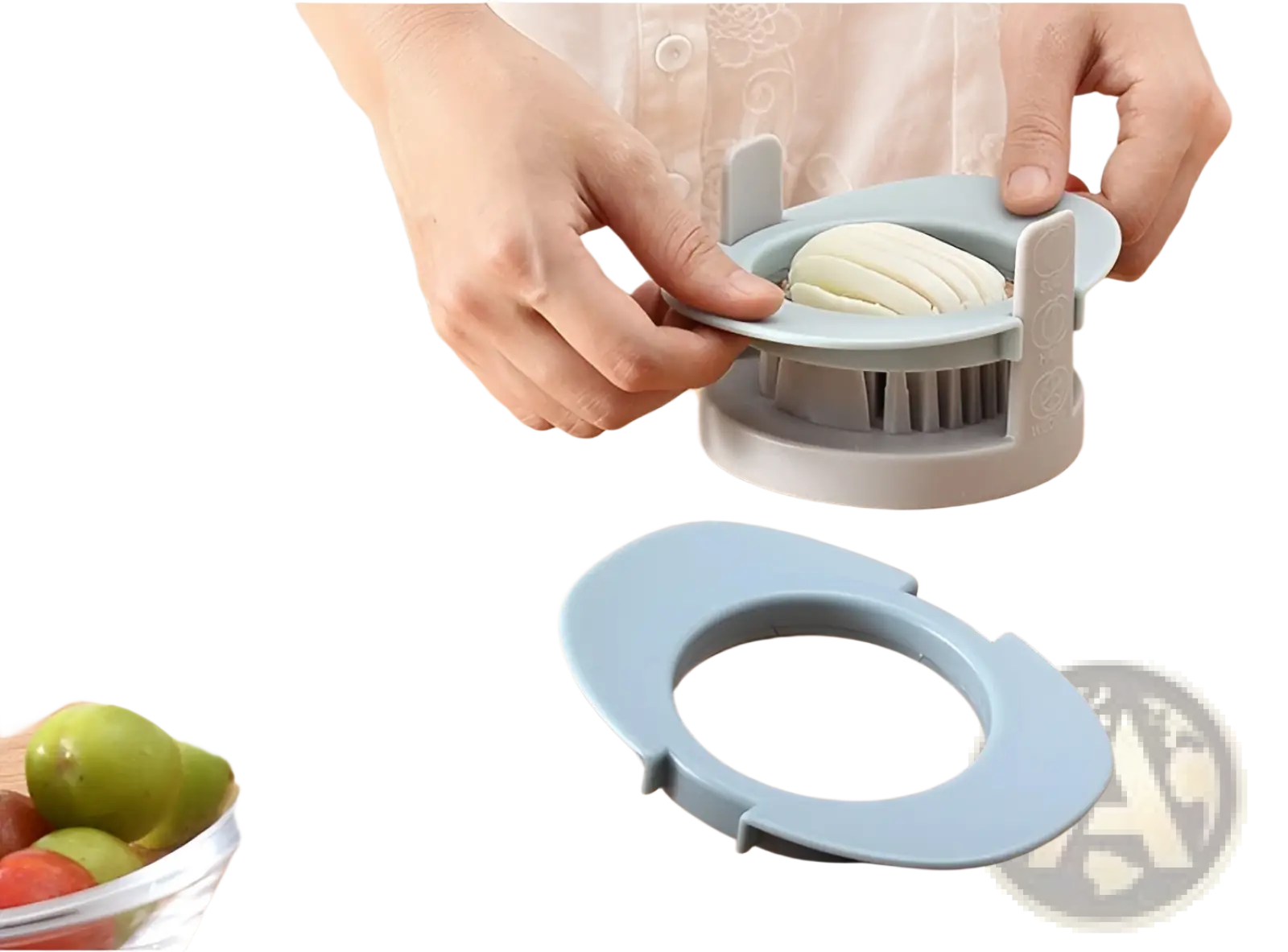 Light blue plastic 3-in-1 egg slicer and manual onion cutter tool with circular cutting mechanism and adjustable handles