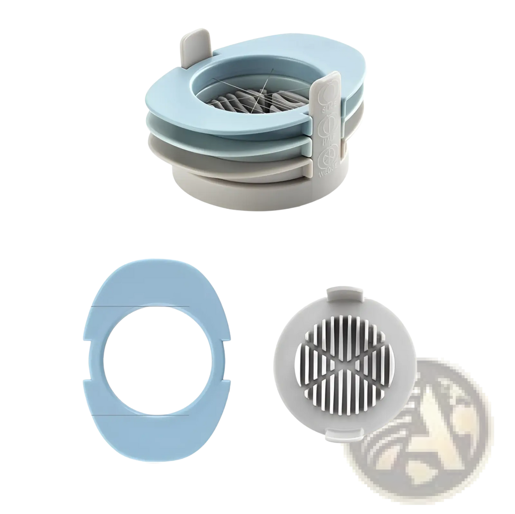Light blue and gray plastic 3-in-1 egg slicer with circular intersecting slots for slicing eggs into wedges and manual onion cutting