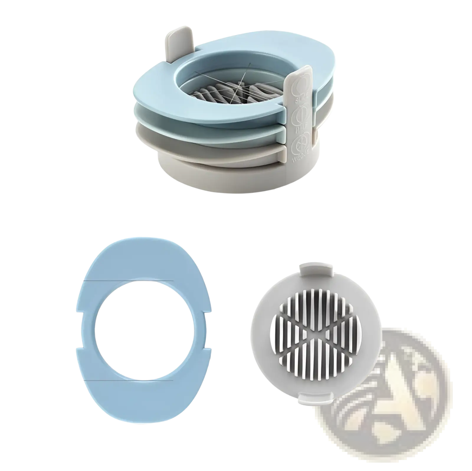 Light blue and gray plastic 3-in-1 egg slicer with circular intersecting slots for slicing eggs into wedges and manual onion cutting