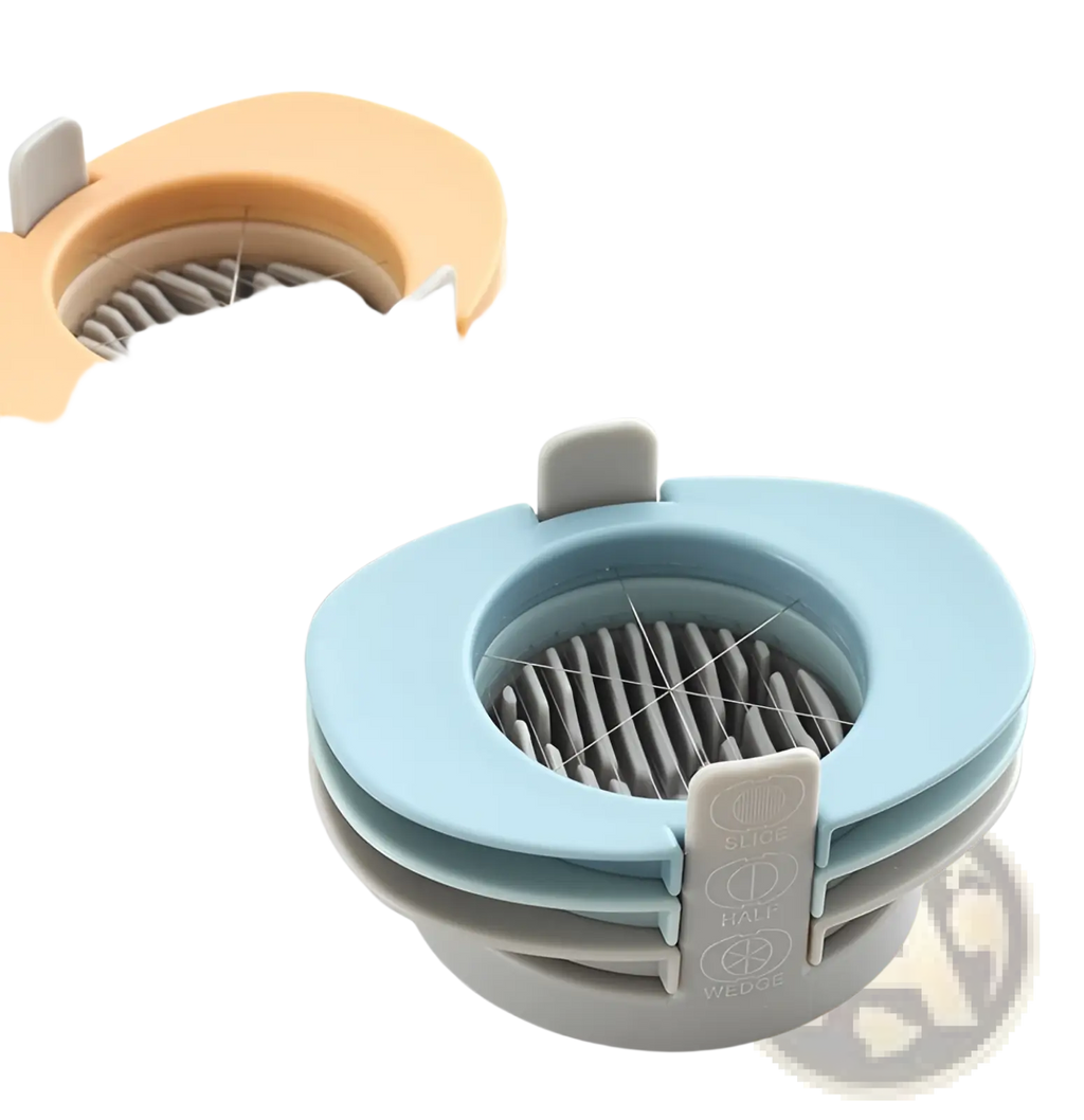 Stacked 3-in-1 egg slicers and manual onion cutter tool in pastel blue and orange with gray internal blades