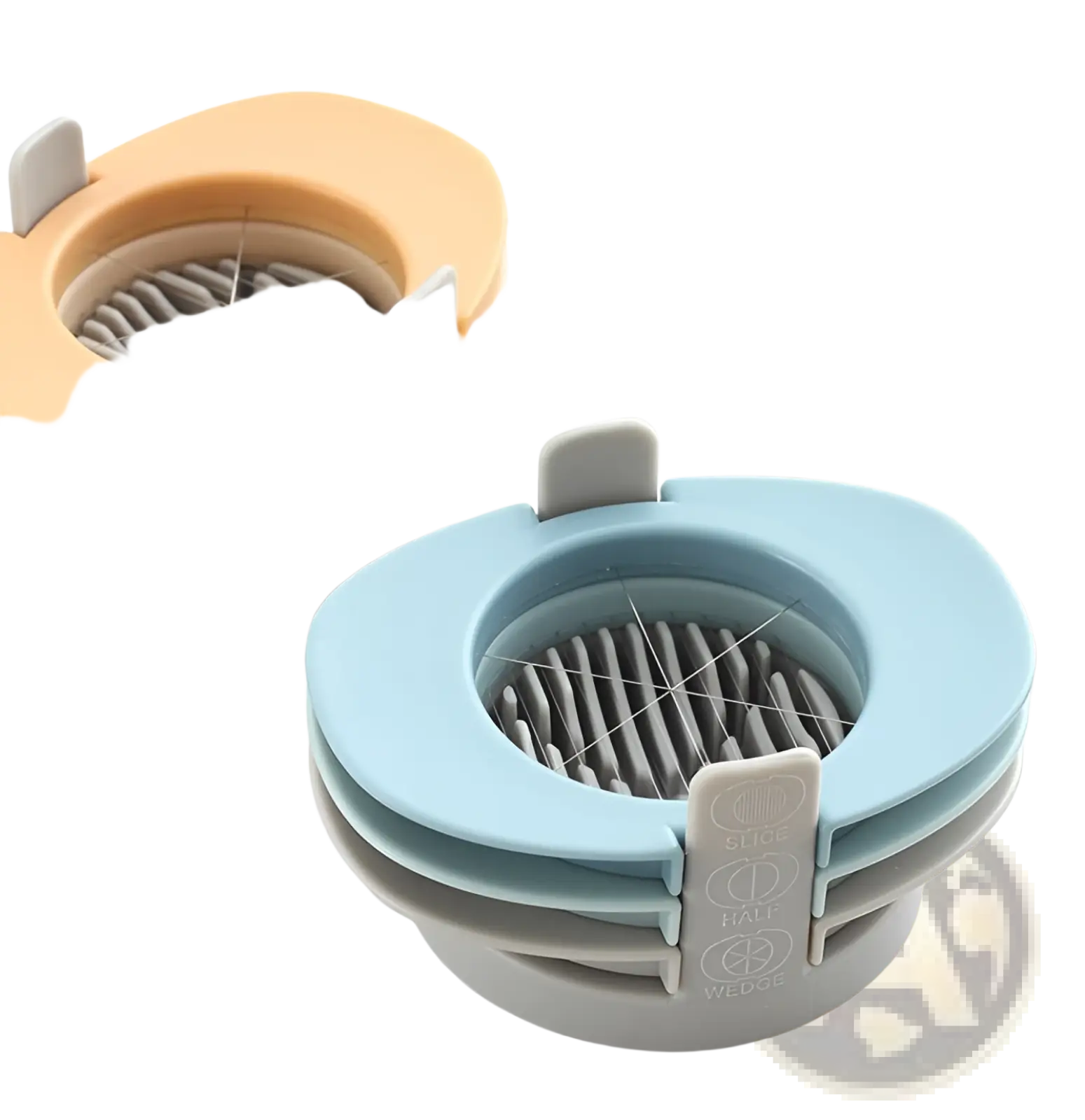 Stacked 3-in-1 egg slicers and manual onion cutter tool in pastel blue and orange with gray internal blades