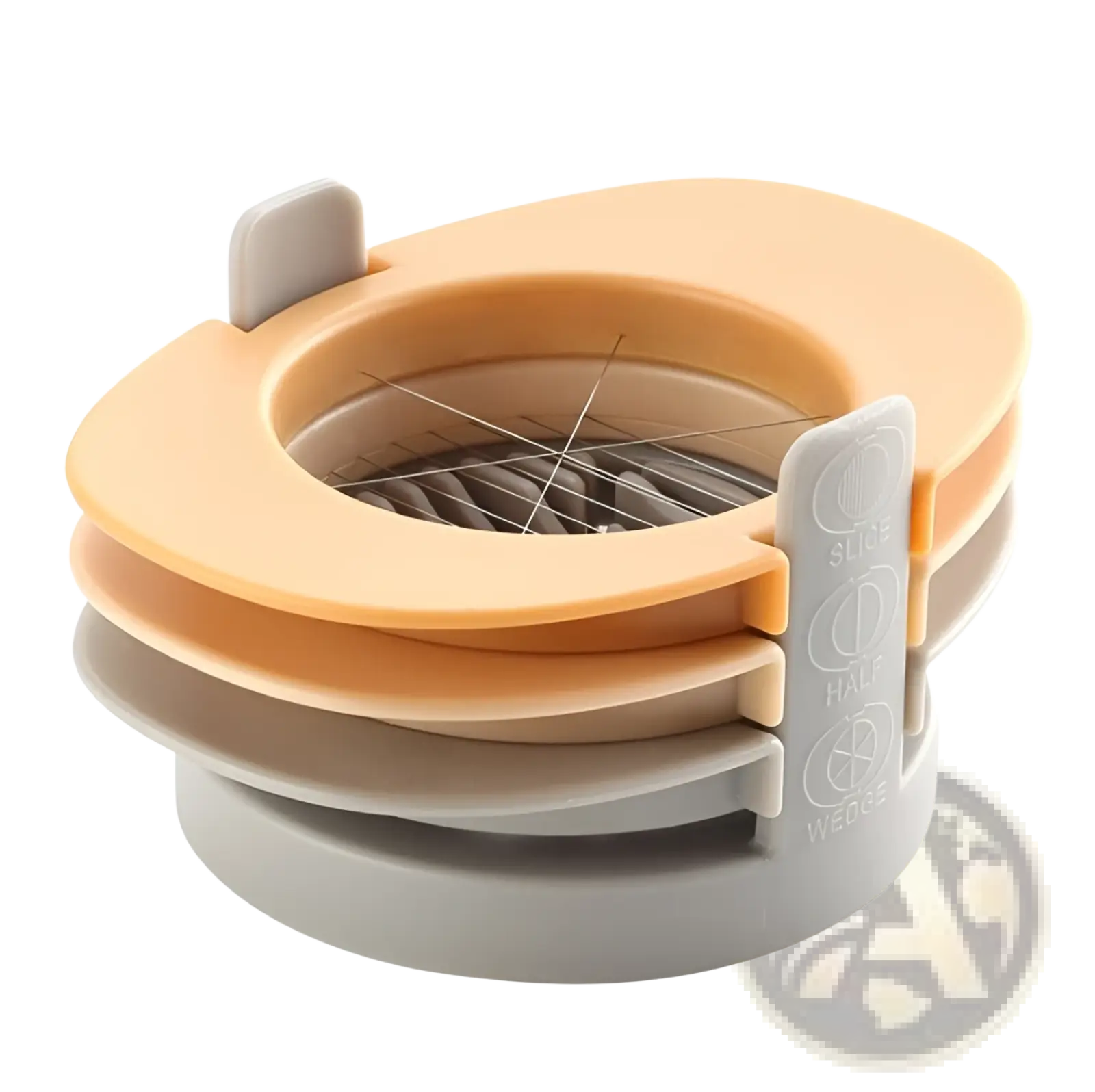 3-in-1 egg slicer and manual onion cutter tool with orange and gray plastic, featuring a rotating blade for wedge slicing