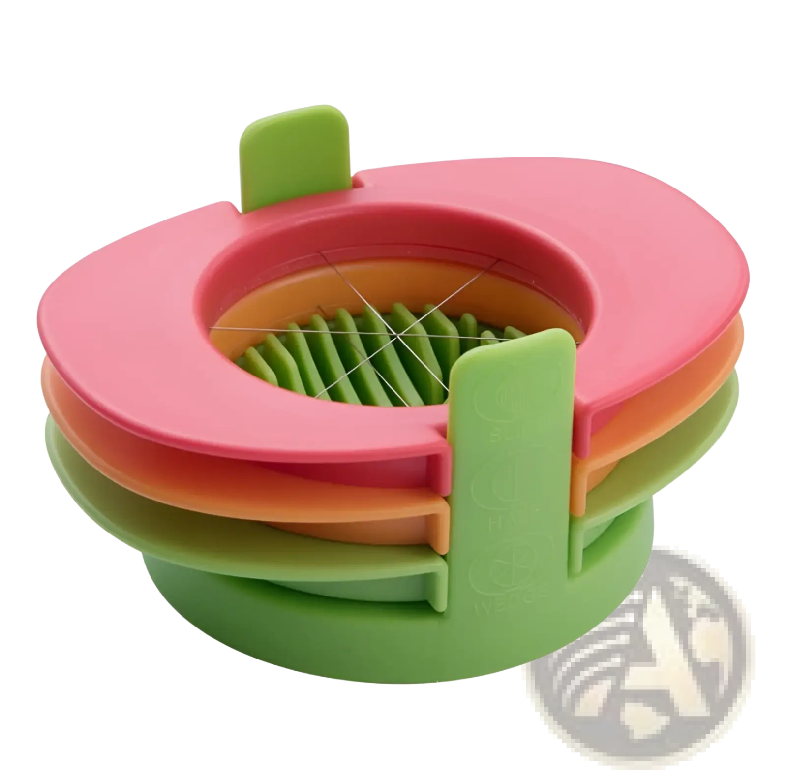 Multicolored silicone 3-in-1 egg slicer and manual onion cutter tool with pink orange and green design for kitchen use