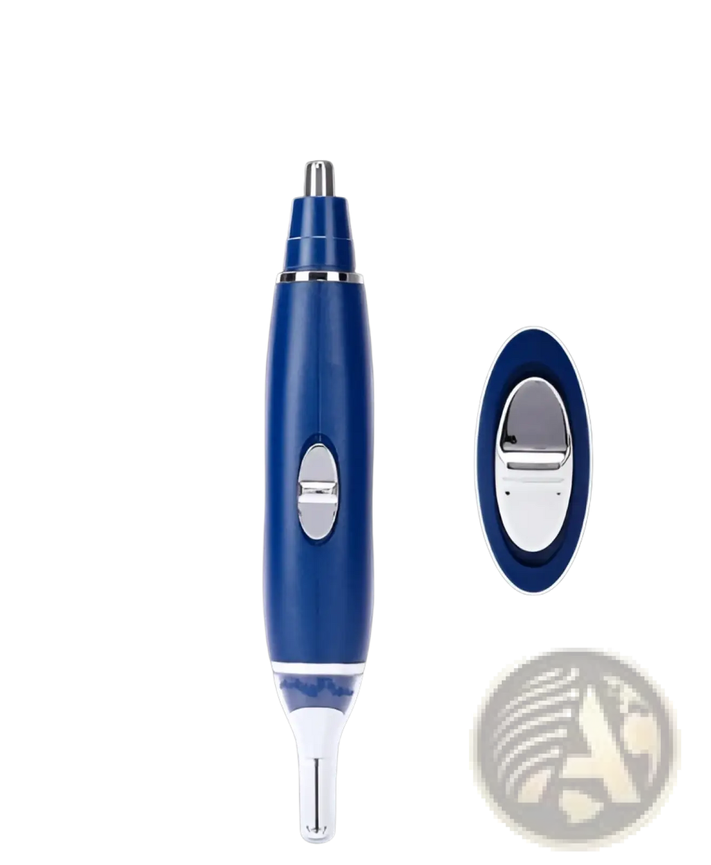 3-in-1 electric ear nose and pet nail trimmer in blue with silver accent and clear protective tip for safe grooming
