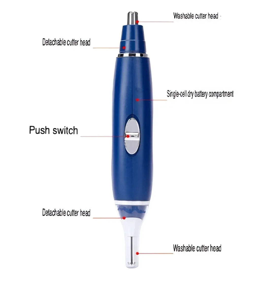 Blue 3-in-1 electric ear nose and pet nail trimmer with two detachable washable cutter heads and single-cell dry battery compartment