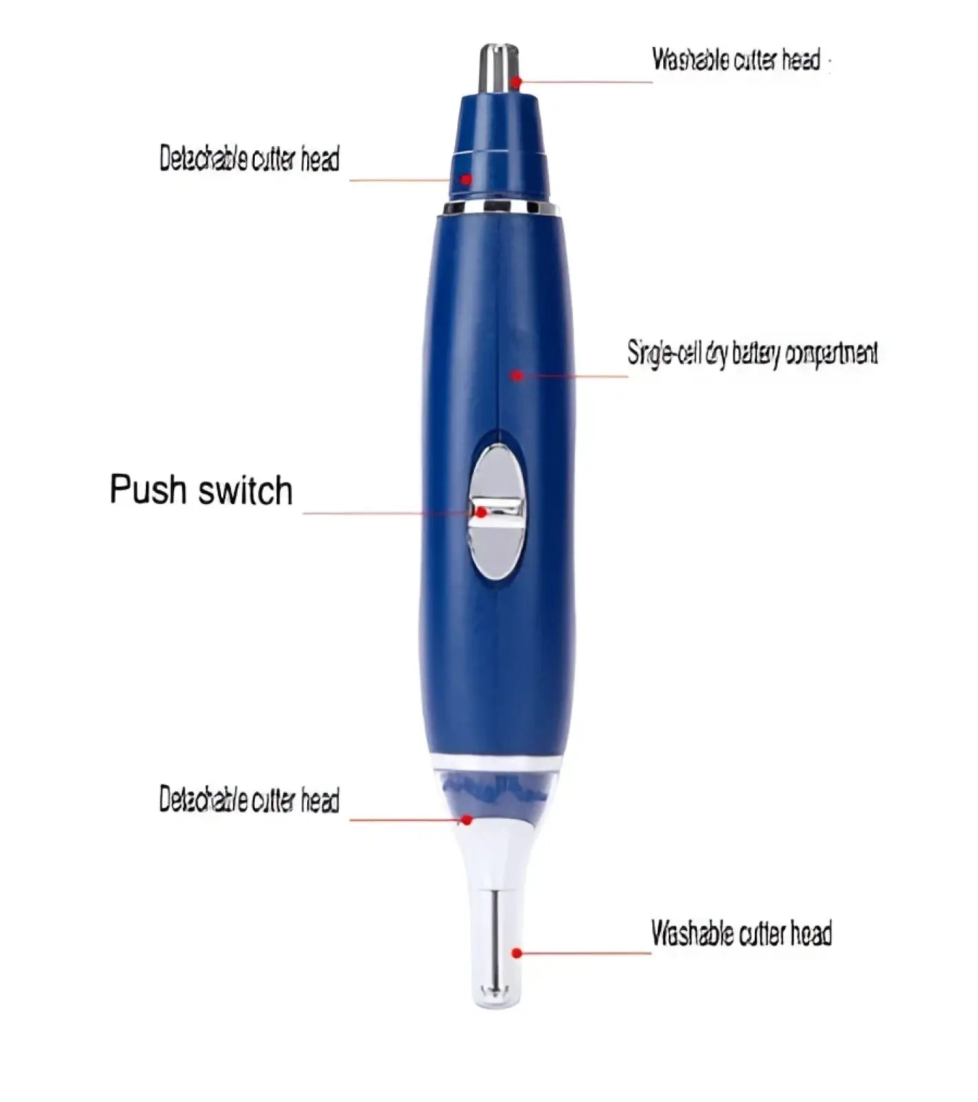 Blue 3-in-1 electric ear nose and pet nail trimmer with two detachable washable cutter heads and single-cell dry battery compartment