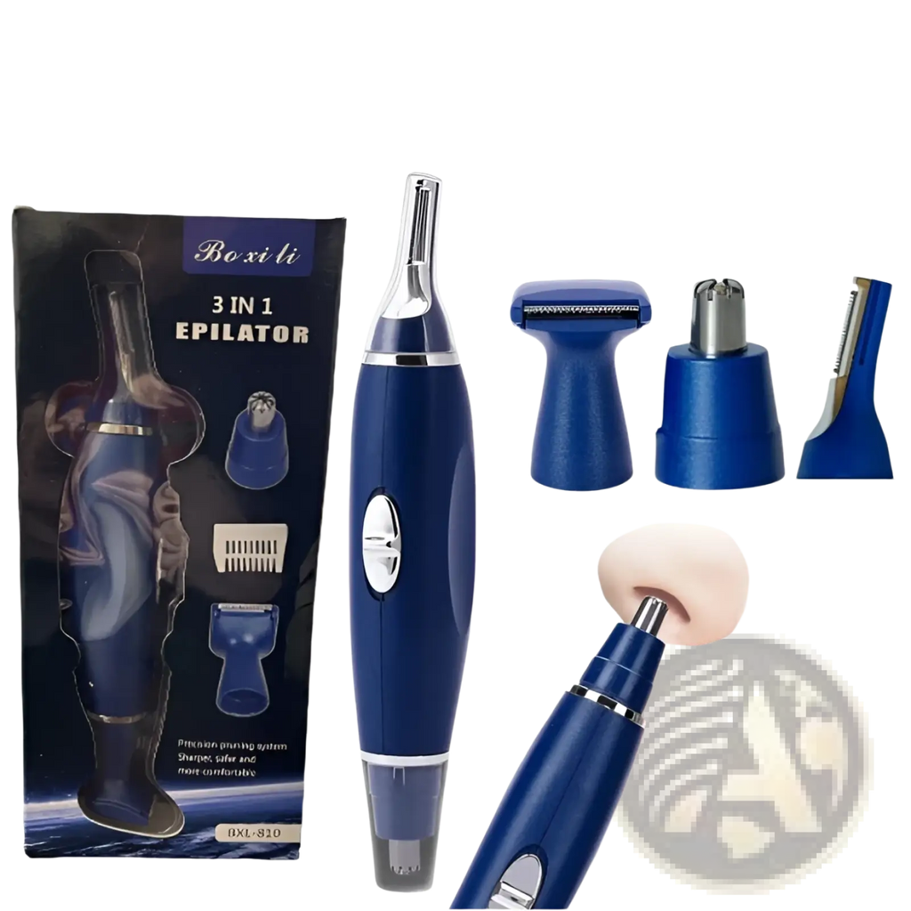 Blue 3-in-1 electric ear nose and pet nail trimmer with interchangeable attachments for precise grooming