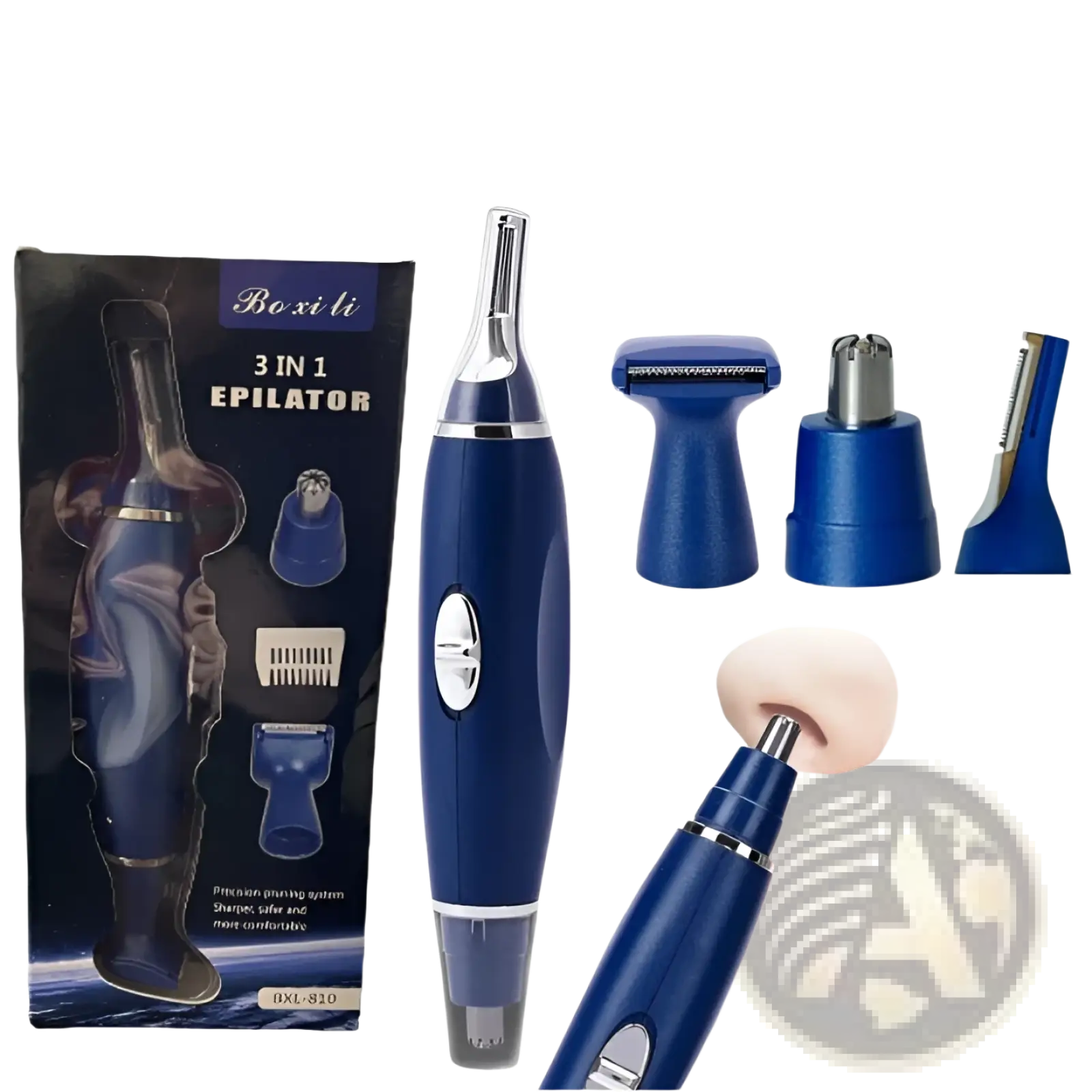Blue 3-in-1 electric ear nose and pet nail trimmer with interchangeable attachments for precise grooming