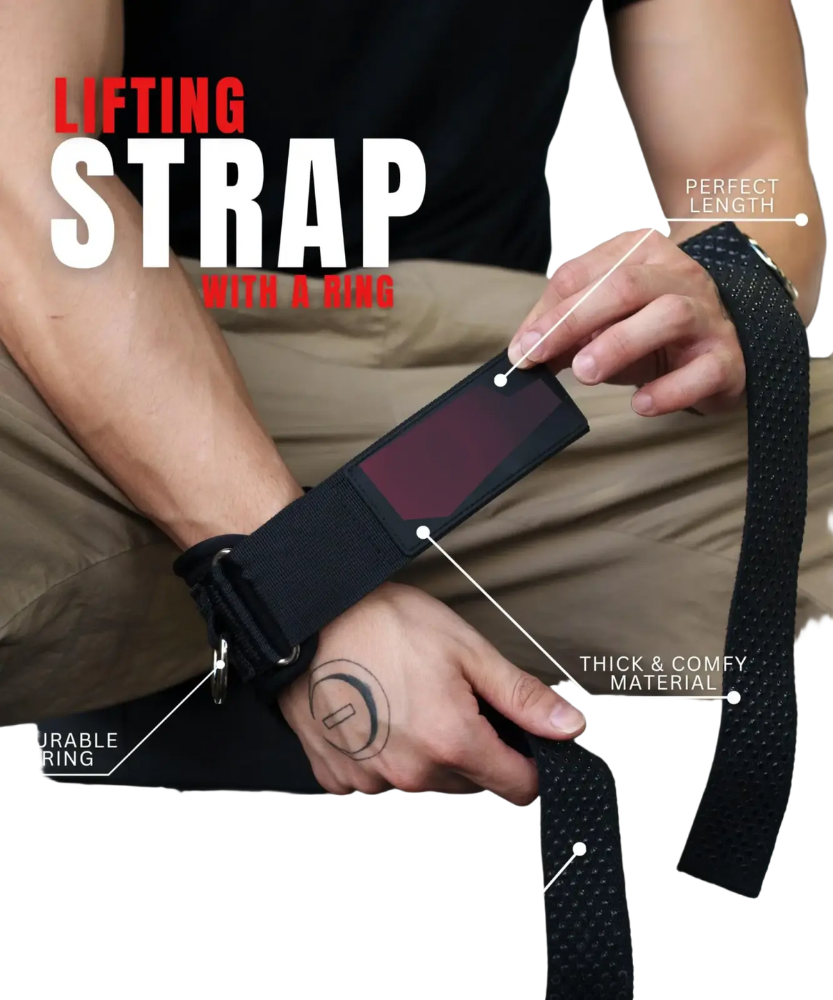 Black 3-in-1 fitness support strap with durable metal ring and rubber padding for enhanced grip support