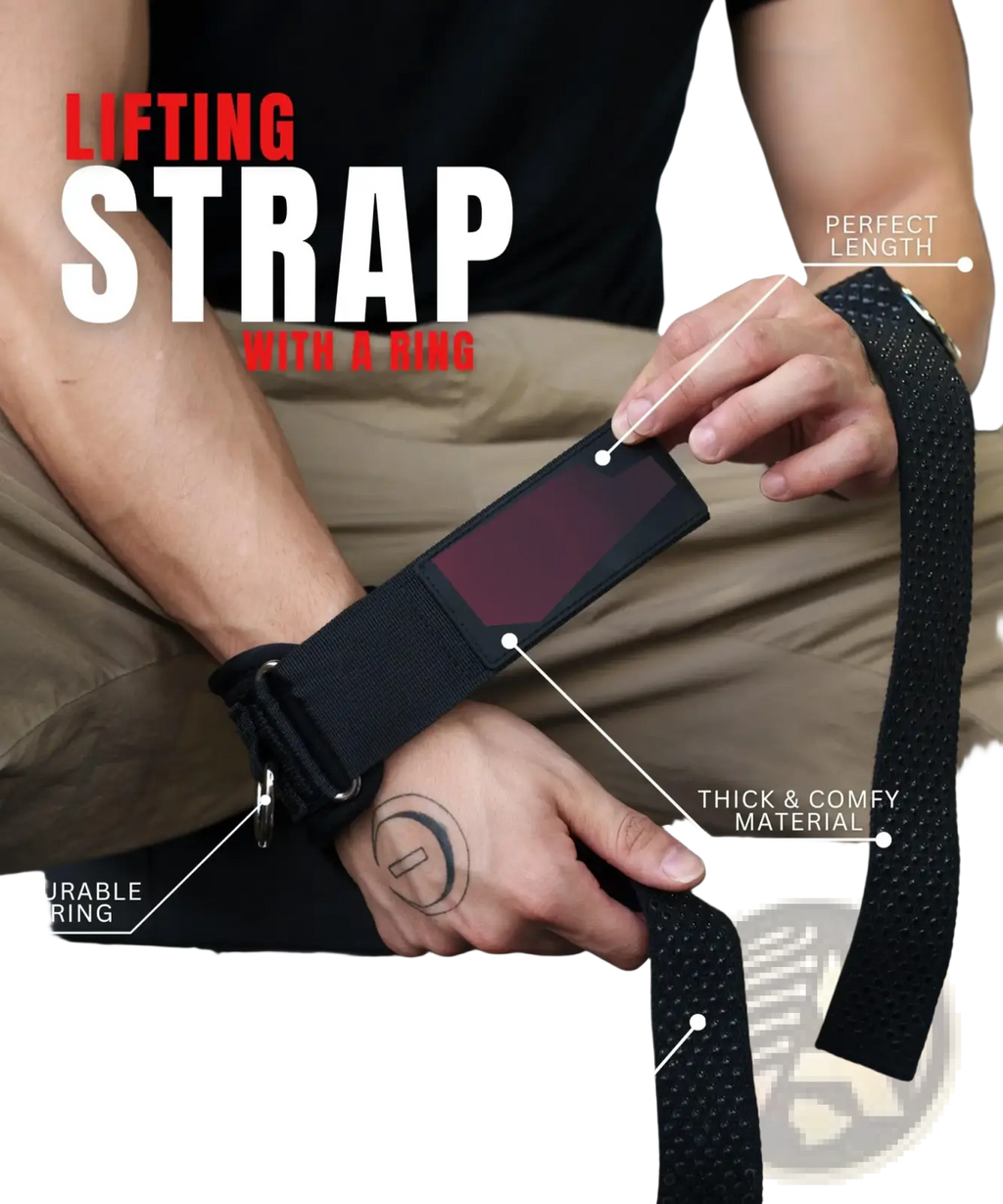 Black 3-in-1 fitness support strap with durable metal ring and rubber padding for enhanced grip support