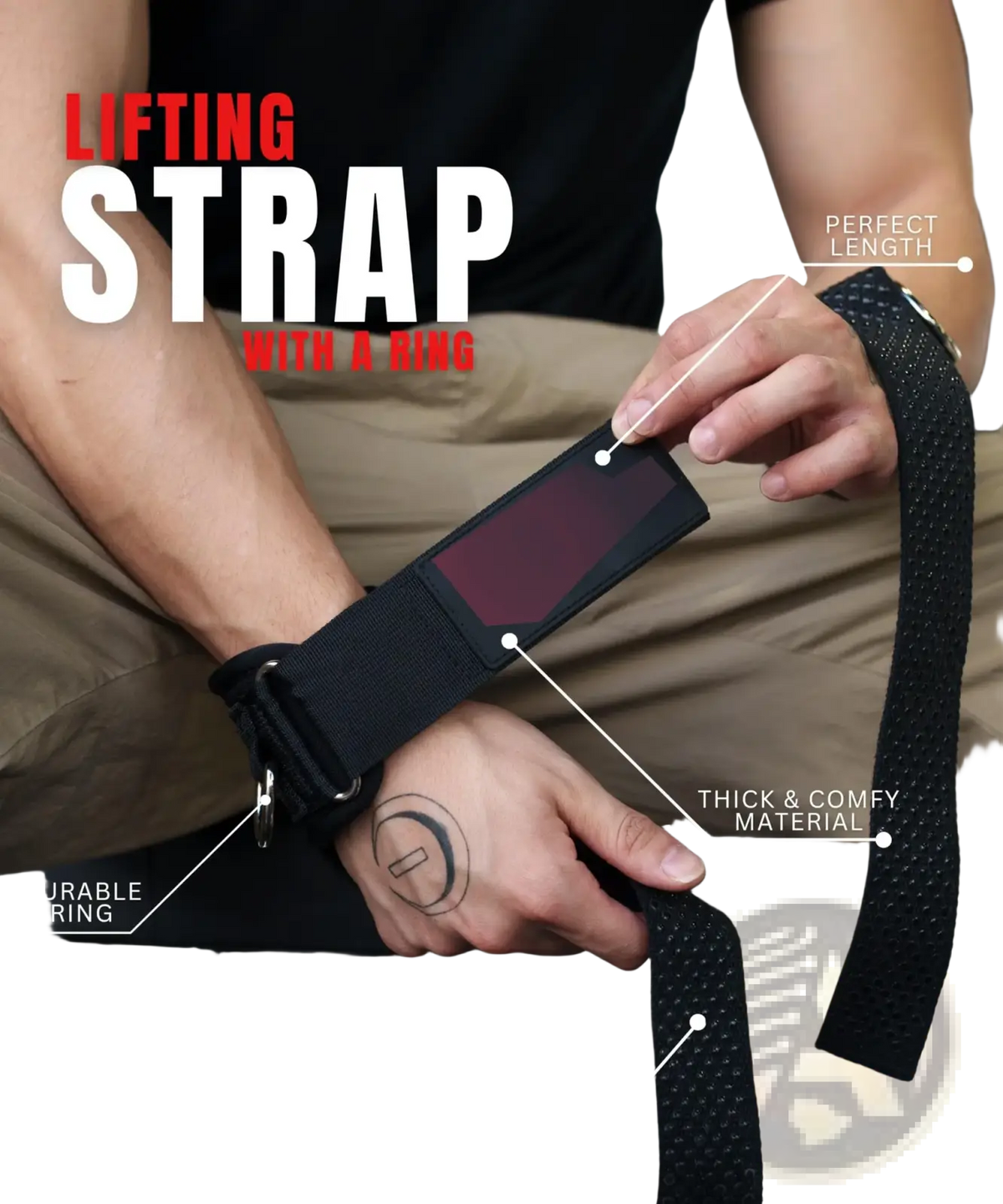 Black 3-in-1 fitness support strap with durable metal ring and rubber padding for enhanced grip support