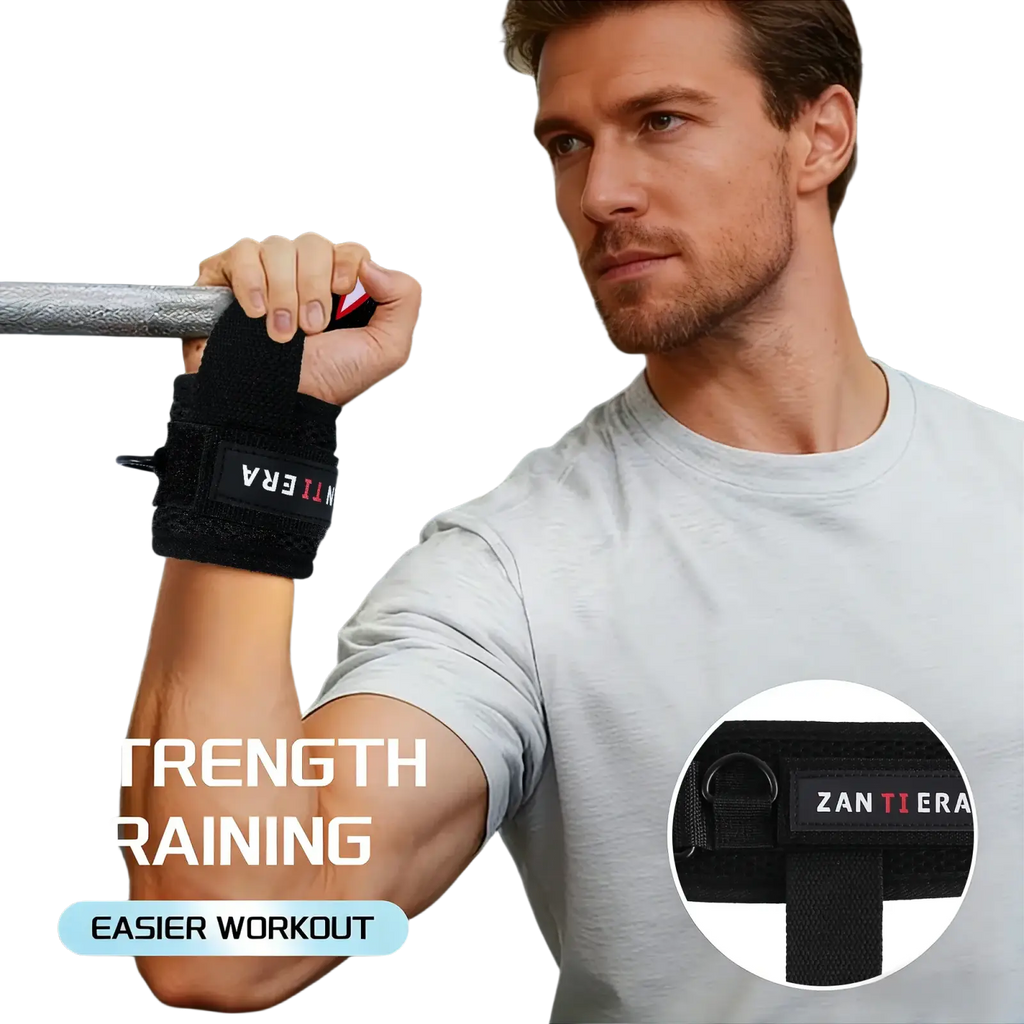 Black zan ti era wrist wrap with adjustable strap and reinforced design for strength training in 3-in-1 fitness set
