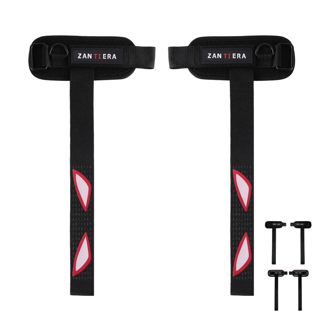 Black zanterra 3-in-1 fitness support wrist straps with pink and white eye-shaped decals for workout support