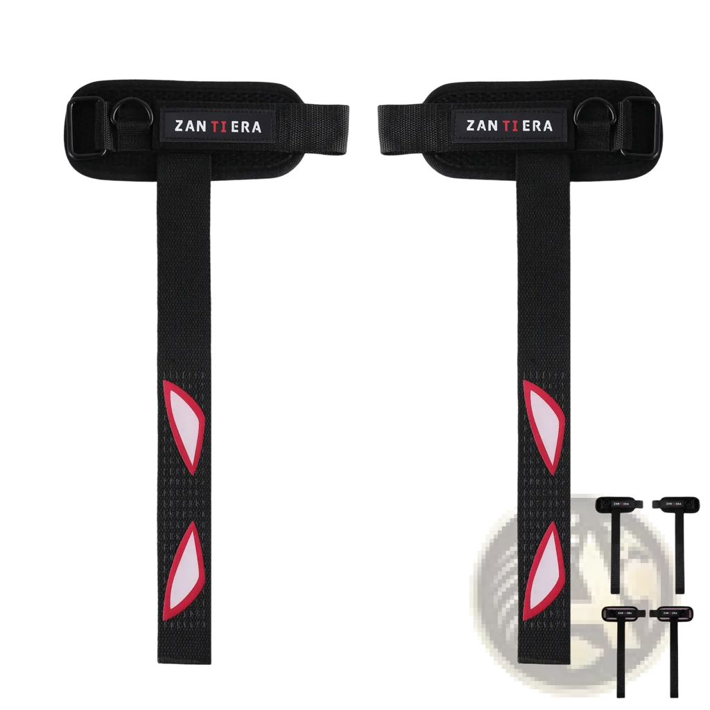 Black zanterra 3-in-1 fitness support wrist straps with pink and white eye-shaped decals for workout support