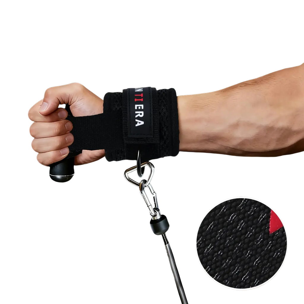 Black zanti era wrist strap with textured grip and metal carabiner for enhanced workout support in 3-in-1 fitness set