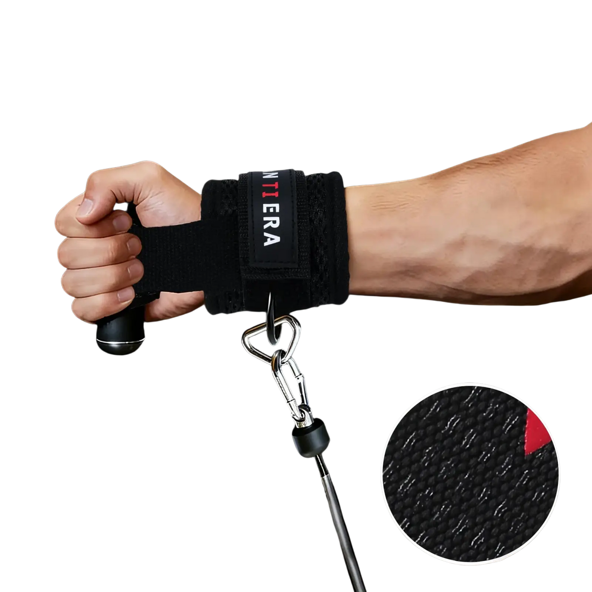 Black zanti era wrist strap with textured grip and metal carabiner for enhanced workout support in 3-in-1 fitness set