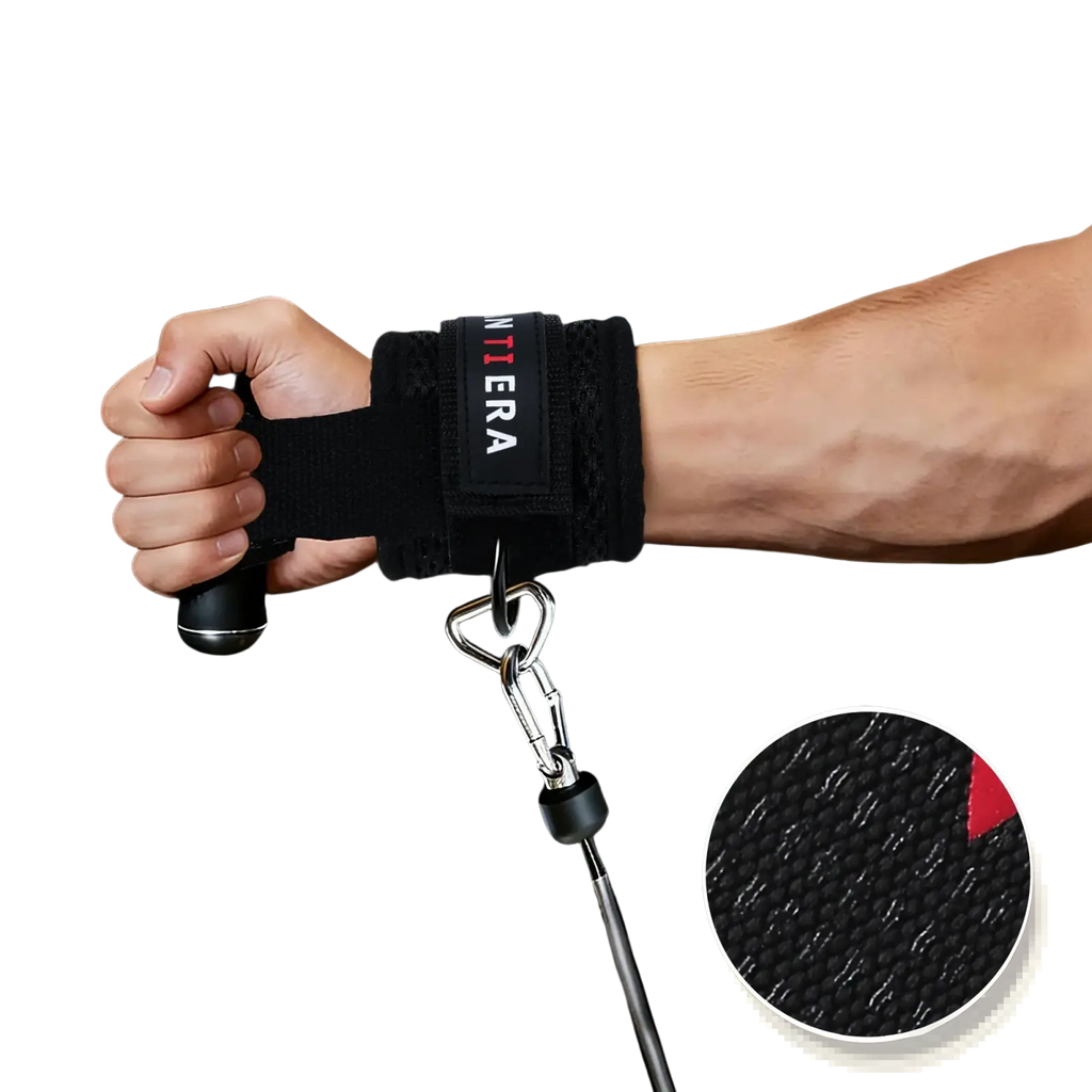 Black zanti era wrist strap with textured grip and metal carabiner for enhanced workout support in 3-in-1 fitness set