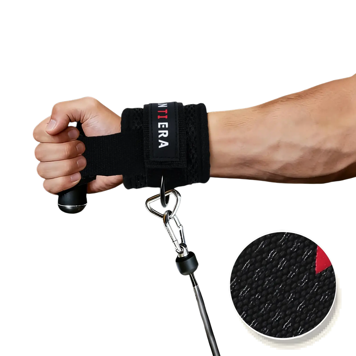 Black zanti era wrist strap with textured grip and metal carabiner for enhanced workout support in 3-in-1 fitness set