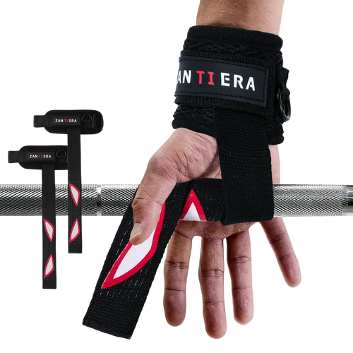 Black zantiera 3-in-1 fitness support wrist wraps with red and white triangular accents for weightlifting use