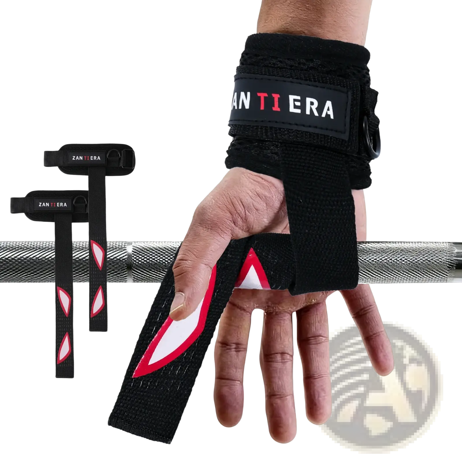 Black zantiera 3-in-1 fitness support wrist wraps with red and white triangular accents for weightlifting use