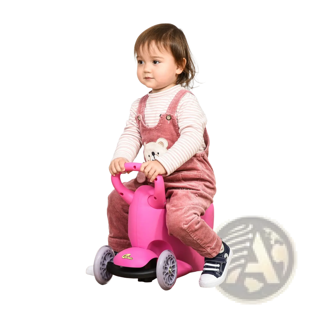 Pink plastic toddler 3-in-1 kids scooter ride-on push walker with bear face and four wheels for ages 2-6 years
