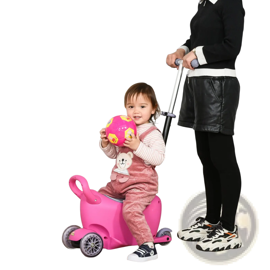 Pink plastic 3-in-1 kids scooter with handle and wheels designed as a ride-on push walker for ages 2 to 6 years