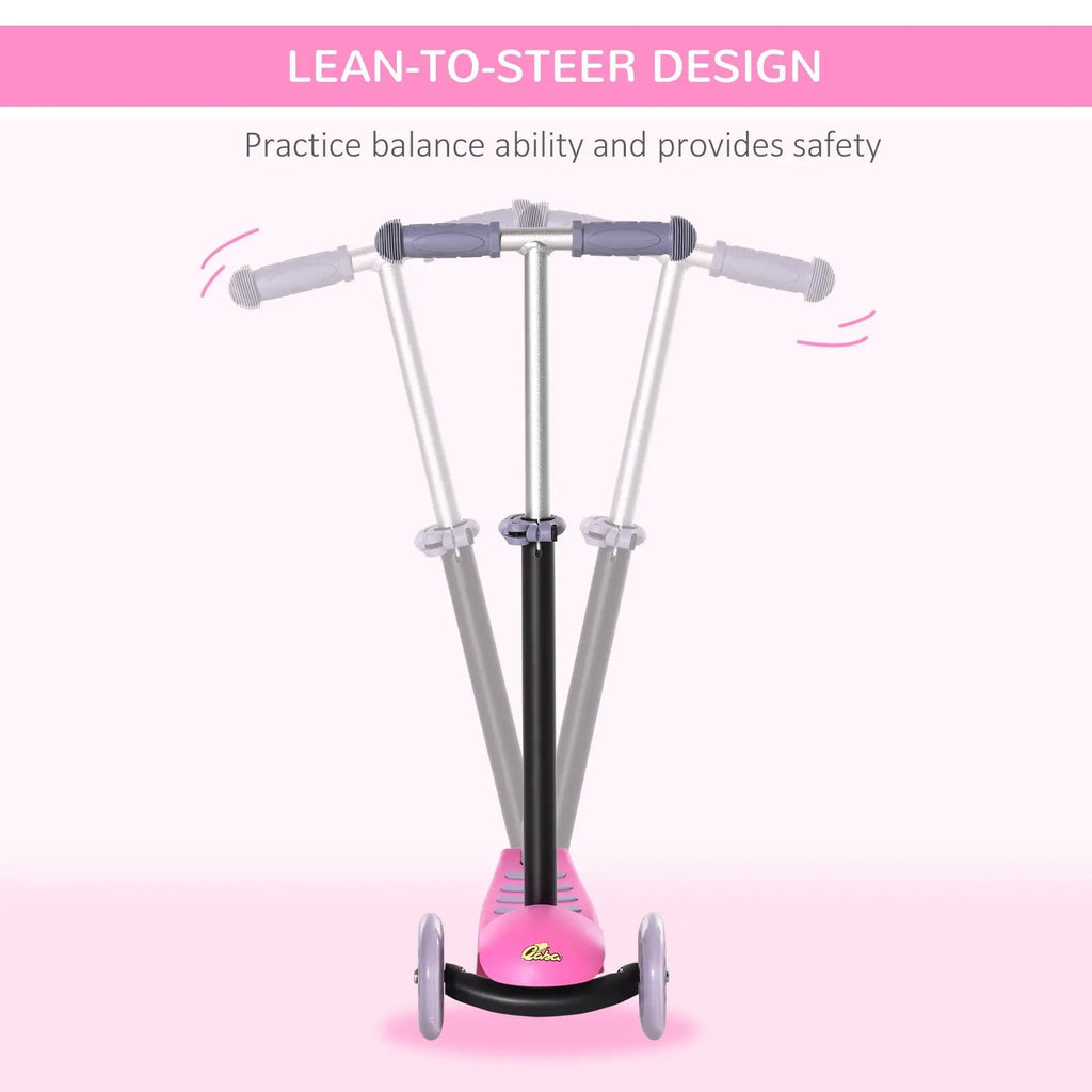 Pink and silver 3-in-1 kids three-wheel scooter with lean-to-steer design for ages 2 to 6 years shown from back side