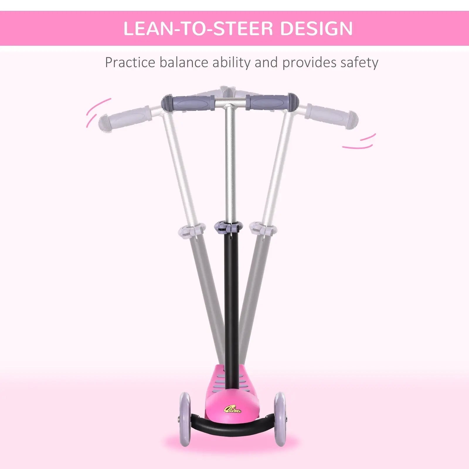 Pink and silver 3-in-1 kids three-wheel scooter with lean-to-steer design for ages 2 to 6 years shown from back side