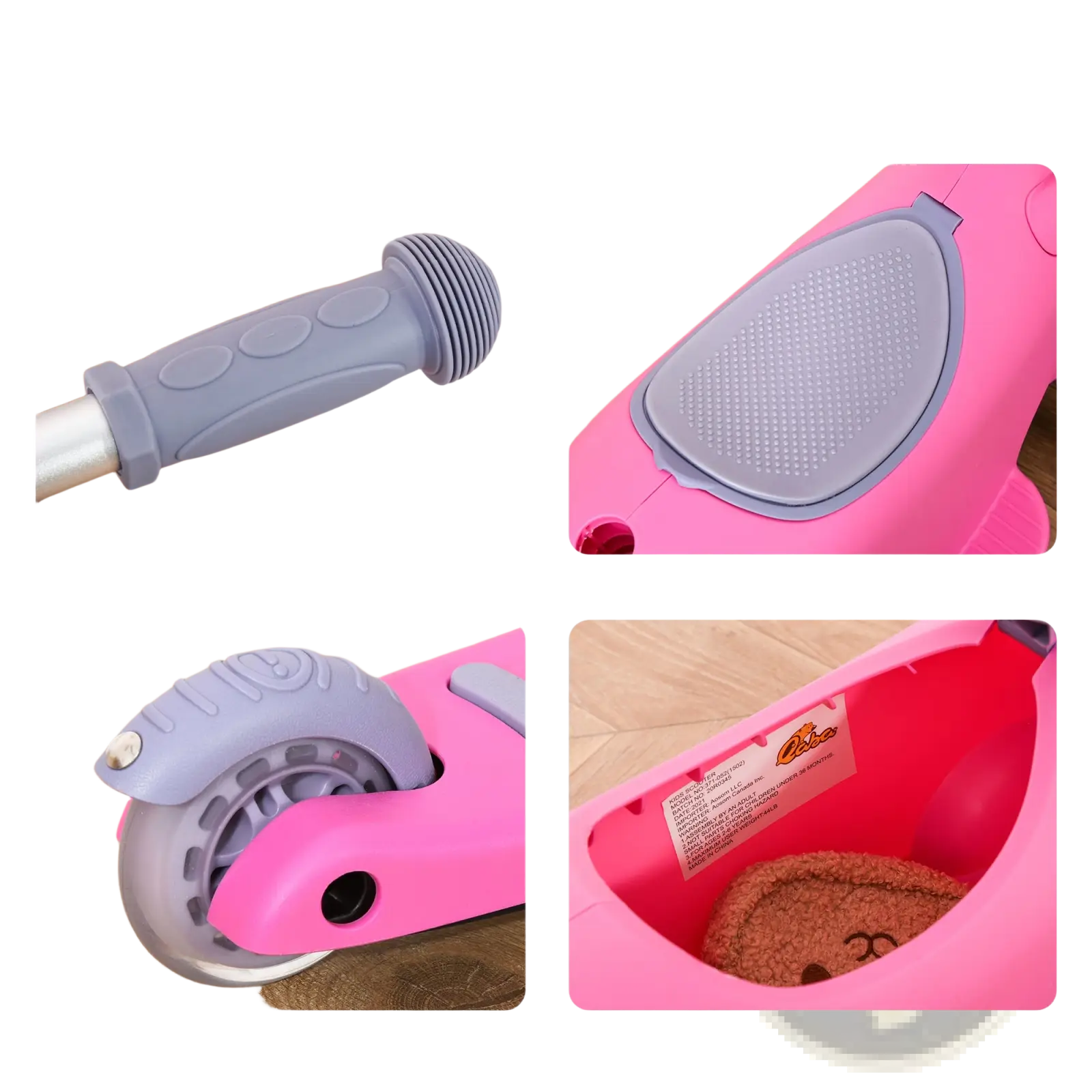 Pink 3-in-1 kids scooter with gray non-slip handlebar seat and brake system for ages 2 to 6 years