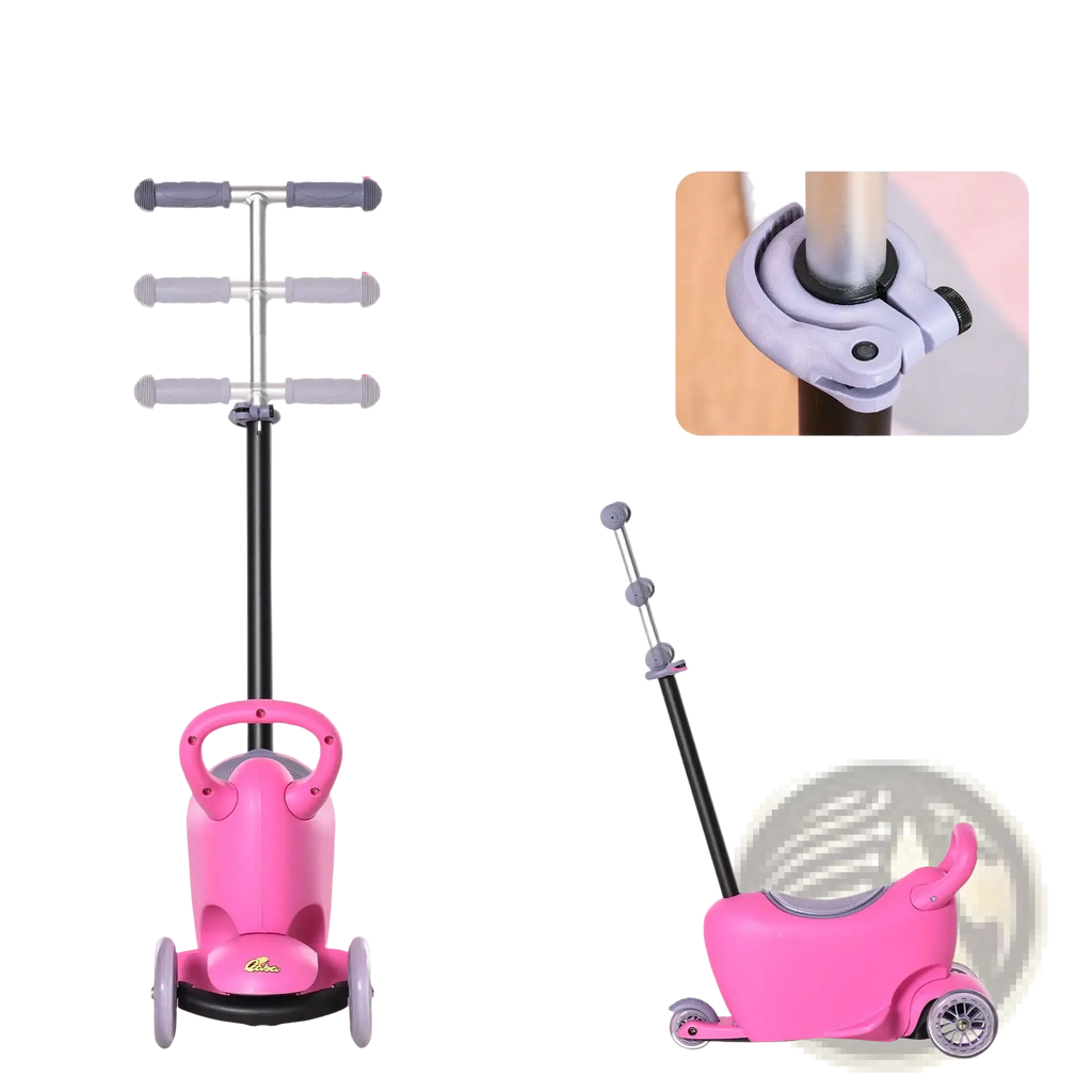 Pink 3-in-1 kids scooter with height adjustment gray handle grips black frame for ages 2 to 6 years