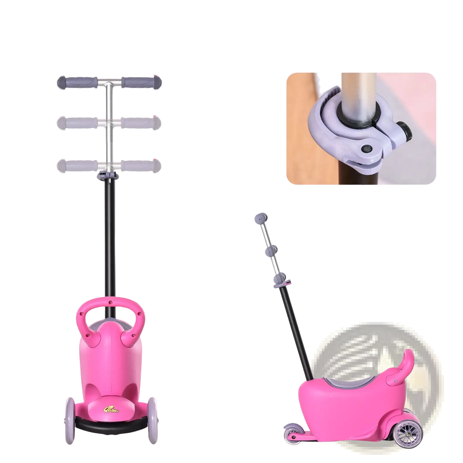 Pink 3-in-1 kids scooter with height adjustment gray handle grips black frame for ages 2 to 6 years