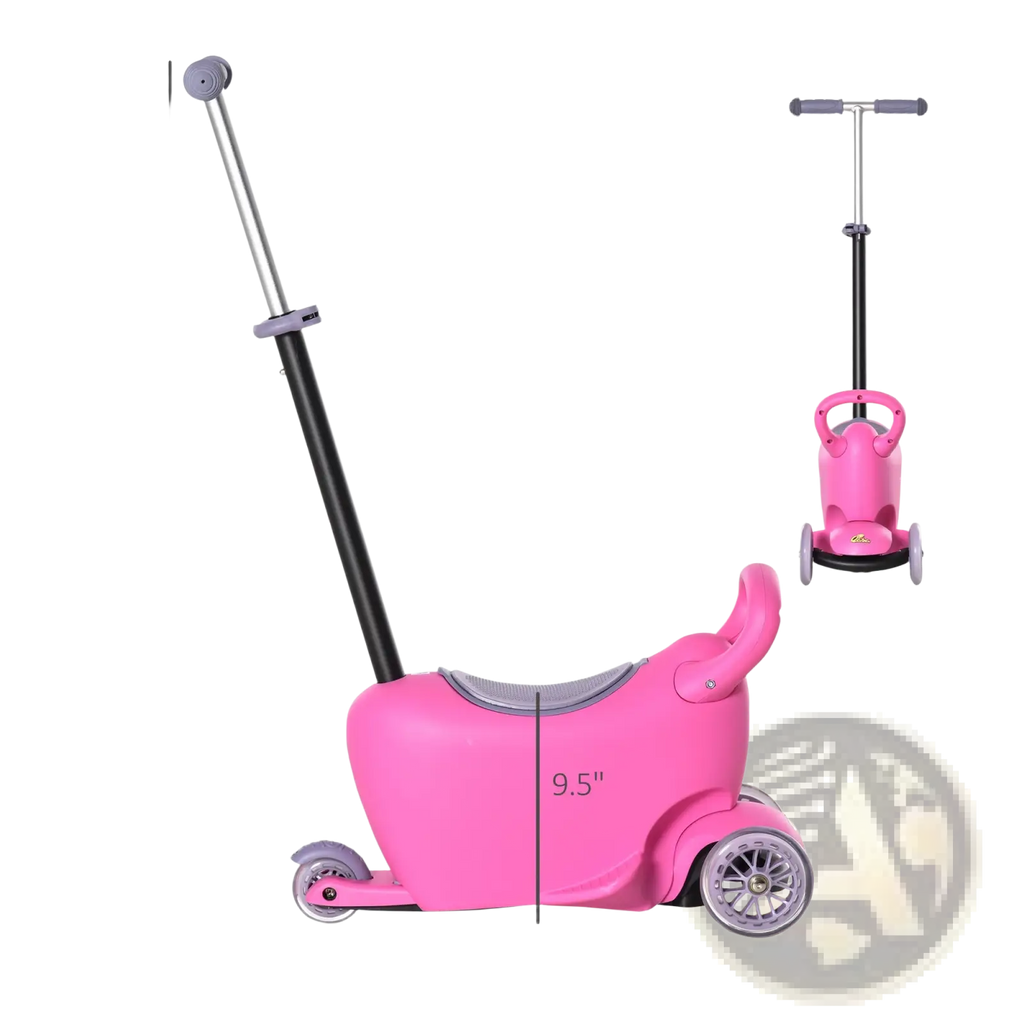 Pink 3-in-1 kids scooter ride on push walker with built-in seat handlebars and gray wheels for ages 2-6 years