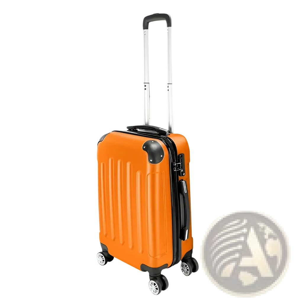 Bright orange hard-shell 3-in-1 trolley suitcase with black accents, silver telescoping handle, and four spinner wheels