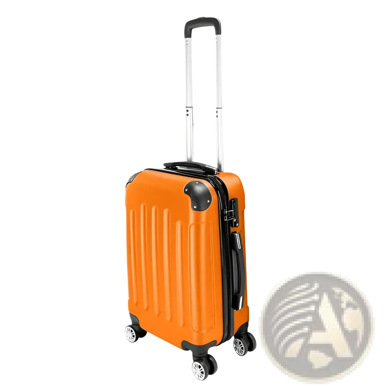 Bright orange hard-shell 3-in-1 trolley suitcase with black accents, silver telescoping handle, and four spinner wheels