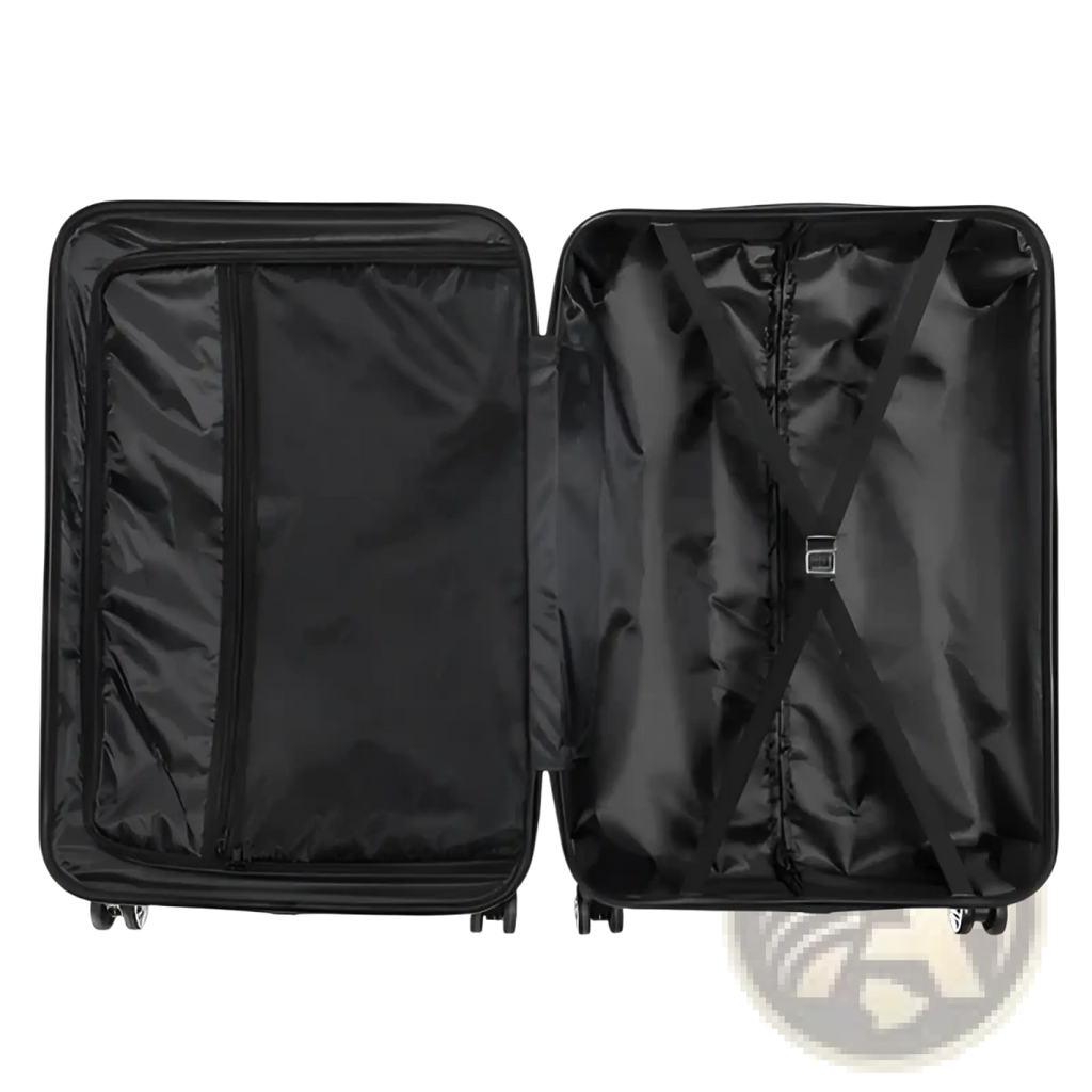Black hard shell suitcase with four wheels and modern design from 3-in-1 lightweight orange abs trolley set